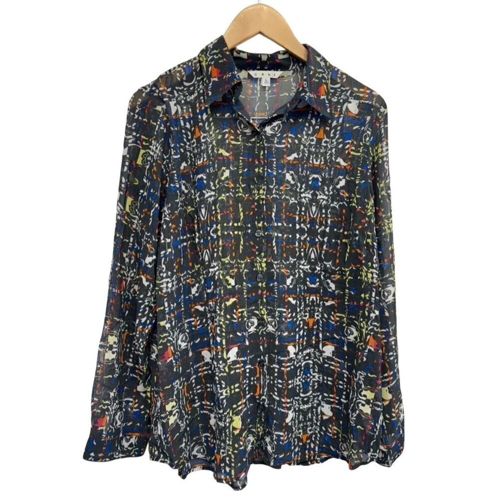 CAbi Festival Geometric Blouse Size‎ Large Button Down Long Sleeve Shirt